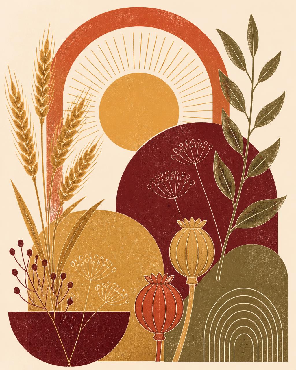 Autumn almanac artwork with arches, wheat stalks, seed pods and a gold sun